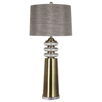 Tinley Table Lamp Clear Glass And Brass Finish On Metal Body Hardback Shade