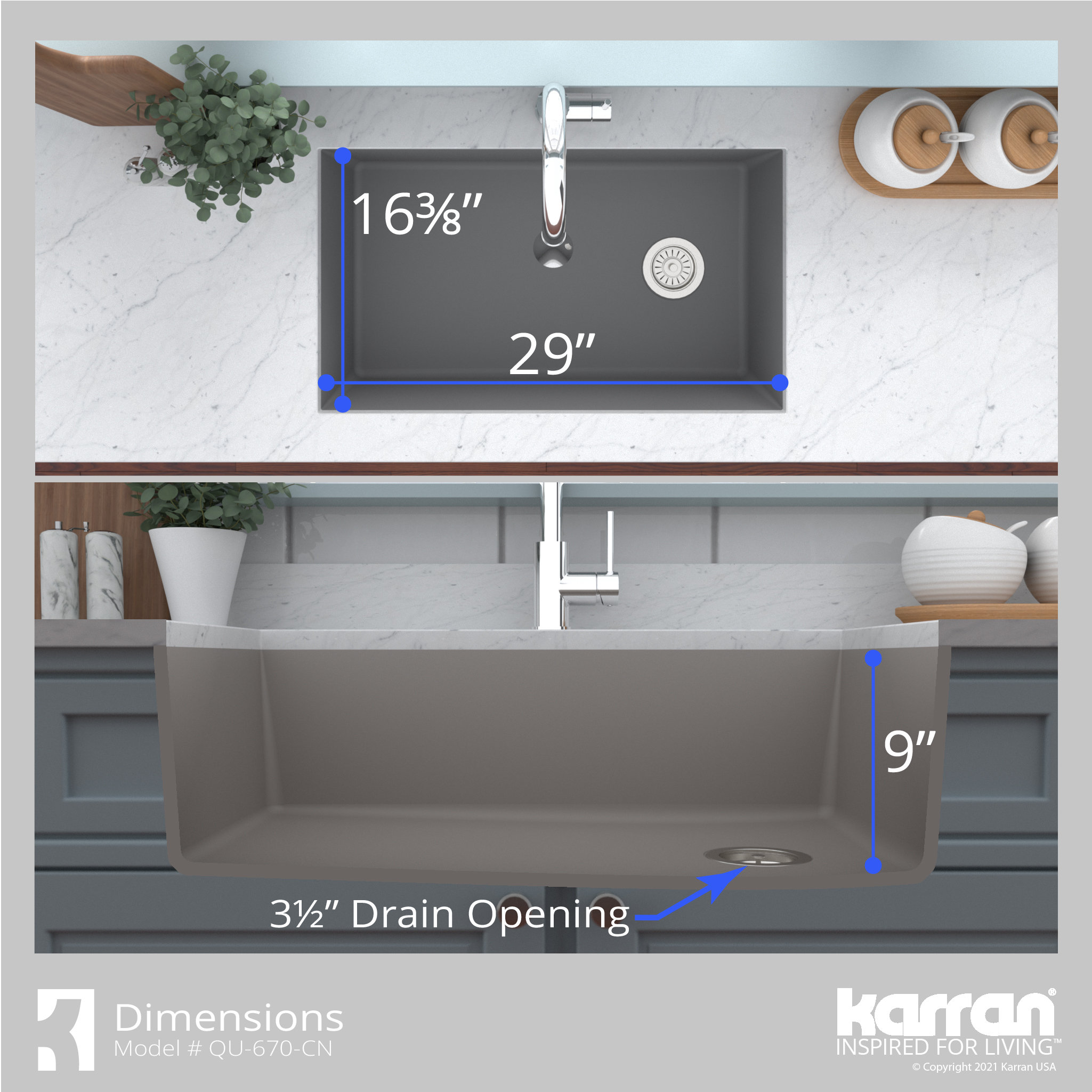 Karran Undermount Quartz 32" Single Bowl Kitchen Sink Kit, Concrete