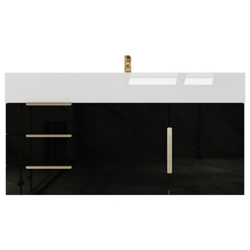 Madison 42" Wall Mounted Vanity with Reinforced Acrylic Sink/Left Drawers, High Gloss Black