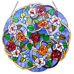 CHLOE Lighting - SHREVEPORT, Tiffany-glass Roses Window Panel, 24" - This hand crafted Tiffany-style, rose floral design round widow panel will brighten up any room. The beautiful blue, green, red, orange and white art glass will add warmth and beauty to any setting. Made from individually hand cut of 400 pieces copper-Foiled stained glass and 16 beads. Includes attached hooks and 28 inches of chain for easy installation.