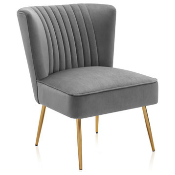 Modern Velvet Accent Chair With Metallic Legs And Channel Tufting, Gray