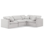 Meridian Furniture - Indulge Upholstered Modular L-Shaped Sectional, Cream, 4-Piece: 1 Armless Chair, 3 Corner Chair, Down Stuffed Velvet - Unwind in tranquil elegance with the Indulge Velvet Sectional. Imagine sinking into the plush embrace of this lush sectional, crafted from rich, textured cream velvet that feels soft and inviting against your skin. Overstuffed down feather cushions cradle you in cloud-like comfort, while the solid wood frame provides unwavering support. This modular masterpiece isn't just furniture - it's a blank canvas for creating your dream living space. Arrange the versatile pieces in countless configurations, from a sprawling entertainment zone for movie nights to intimate reading nooks for quiet moments. Indulge in the ultimate comfort, endless possibilities, and timeless elegance.
