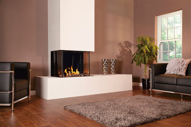 Design ideas for a large modern living room in Other with brown walls, dark hardwood flooring, a hanging fireplace, a plastered fireplace surround and brown floors.
