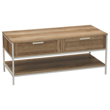 Rectangular Coffee Table, Storage Shelf, 2 Drawers Coastal Oak, White Metal
