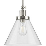Progress Lighting - Hinton 1-Light Seeded Glass Brushed Nickel Industrial Pendant Light - Enjoy focused task lighting with the Hinton Collection 1-Light Seeded Glass Brushed Nickel Industrial Pendant Light. A light source glows from within a clear seeded glass shade for focused task lighting with unexpected visual texture. A vintage light base with round decorative knobs is coated in a sleek brushed nickel finish for modern industrial character. The light base attaches to a metal stem that suspends from the ceiling plate. For ideal illumination, use 1 medium base bulb that is sold separately (100w max - LED/CFL/incandescent). The hanging light is compatible with dimmable bulbs. Incorporate clear light bulbs for a pinch of contemporary shine or opt for vintage bulbs to enhance the light fixture's rustic demeanor. The pendant's industrial design is ideal for any foyer, dining room, kitchen, breakfast nook, entryway, living room, or bedroom in coastal, farmhouse, transitional, or vintage electric style settings. It's time to breathe new life into the mundane every day with timeless and truly transformative bathroom lighting. Make your purchase today to begin your journey to a whole new lighting experience. Progress Lighting products are designed for exceptional quality, reliability, and functionality.