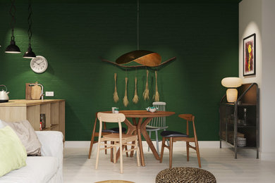 Foto de comedor bohemio de tamaño medio abierto con paredes verdes, suelo de madera clara, suelo blanco, bandeja y ladrillo