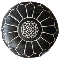 Moroccan Leather Pouf, Unfilled, Black/White