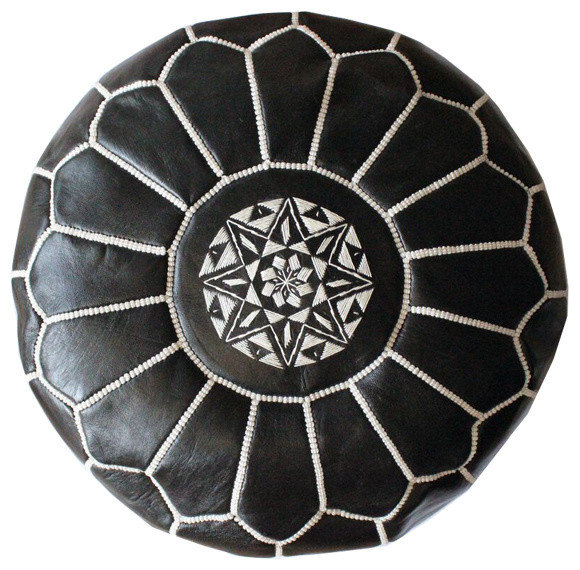 Moroccan Leather Pouf, Unfilled, Black/White