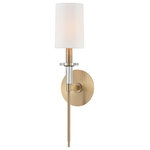 Hudson Valley Lighting - Amherst 1 Light Wall Sconce, Aged Brass Finish, White Faux Silk - George Hepplewhite's name is synonymous with light and balanced furniture designs that shun ornamentation and stand upon sleek, straight legs. The elongated torch handles of our Amherst collection recall Hepplewhite's historic designs, while pristine crystal accents give the collection a 21st century twist. White fabric shades top the tall tapers, complimenting the cylindrical shape of Amherst's crystal bobeches.