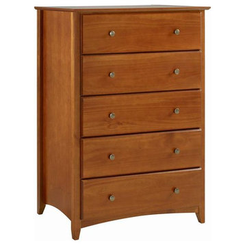 Tall Vertical Dresser, Pine Wood Frame & 5 Drawers With Rounded Knobs, Cherry