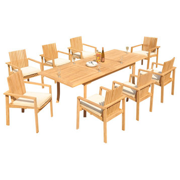 9-Piece Outdoor Teak Dining Set: 94" Rectangle Table, 8 Clip Stacking Arm Chairs