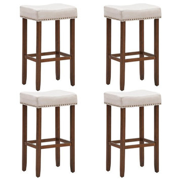 Costway 29'' Rubber Wood Nailhead Saddle Bar Stools in Beige (Set of 4)