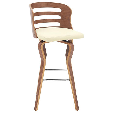 Armen Living Verne 30" Faux Leather & Wood Swivel Bar Stool in Cream/Walnut