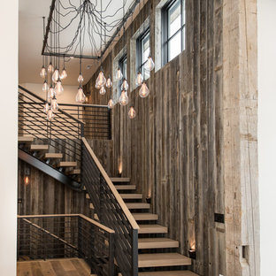 Modelo de escalera en L, rústica, sin contrahuella, con escalones de madera