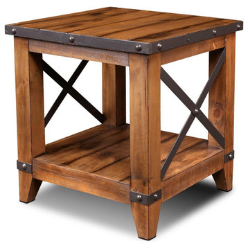 Industrial End Table, X Shaped Side Panels With Square Plank Top, Natural Oak