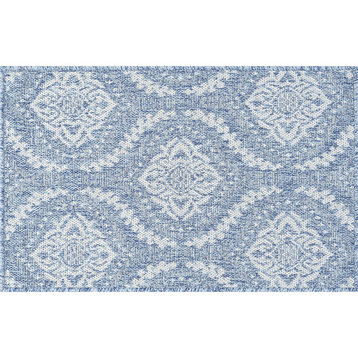 Dionne Transitional Damask Blue/Cream Indoor/Outdoor Scatter Mat, 2'x3'
