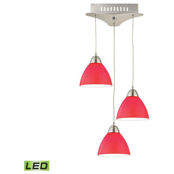 11 Inch 15W 3 LED Mini Pendant-Matte Satin Nickel Finish-Red Glass Color