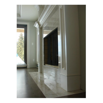 cristallo quartzite fireplace frame with hearth flush to hardwood