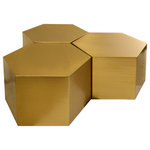 Meridian Furniture - Hexagon Coffee Table, Brushed Gold, 3 Piece - Customize your modern space with the easy style of this Hexagon modular table three-piece set in brushed gold. Use one table on its own for a handy and stylish spot to hold your drinks or display a framed photo, or add multiple tables together to create even more space for entertaining or playing cards or board games. This metal table is completely customizable to your needs and features a bold hexagon shape for a modish feel.