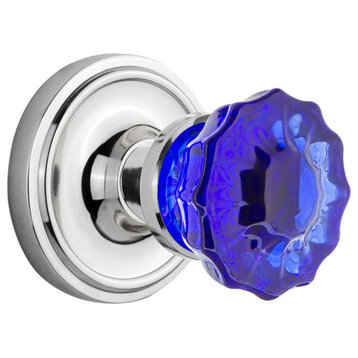 Classic Rosette Privacy Crystal Cobalt Glass Knob, Bright Chrome