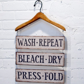 Wood Hanger With Metal "Wash/Repeat" Sign