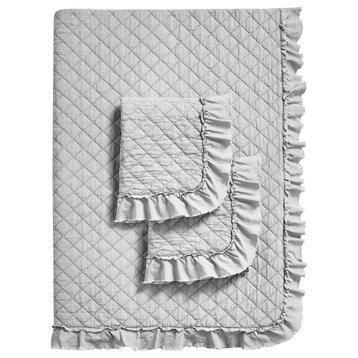 3-Piece Bedspread Coverlet Quilt Set, Lightweight, Ruffle, Light Gray Full/Queen