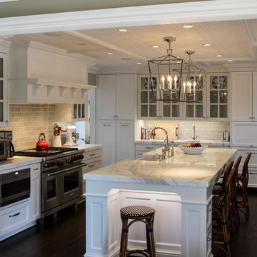 Great room/kitchen with white marble