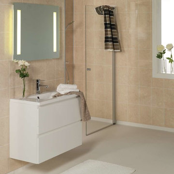 Travertine style shower wall panels in a transitional open shower and bathroom