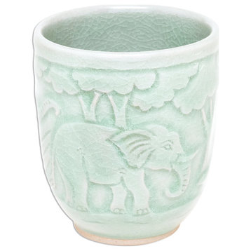 NOVICA Elephant Forest And Celadon Ceramic Teacup