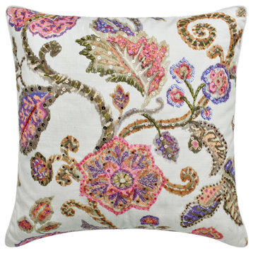 Pink Cotton Beaded, Sequins Embroidery 22"x22" Throw Pillow Cover, Aster