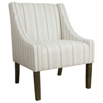 Fabric Wooden Accent Chair With Stripe Pattern & Swooping Armrests, Multicolor