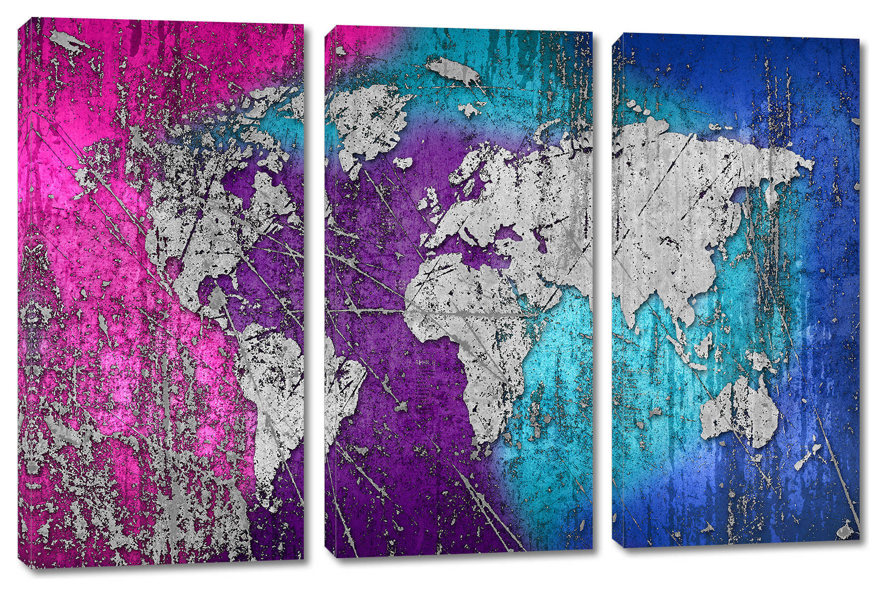 Abstract Silver World Map Canvas Print Wall Art 3 Panel Split, Triptych ...