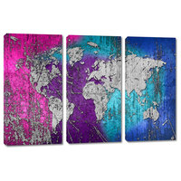 Abstract Silver World Map Canvas Print Wall Art 3 Panel Split, Triptych ...