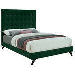 Meridian Furniture - Elly Velvet Upholstered Bed, Green, King - Crawl into this cozy Elly green velvet king size bed for a restful night's sleep. The deep button tufting on its tall headboard provides a soft, pillowy surface to lean against for nighttime reading or watching TV. Supported by angled wood legs with an espresso finish, the side rails and footboard are also comfortably padded and upholstered. Contemporary styling ensures that this bed will integrate nicely into any existing decor.
