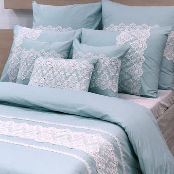King Duvet Cover in Soft Blue Cotton with Lace Embroidery, Lace Breeze