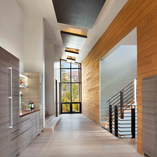 Idee per un grande ingresso o corridoio contemporaneo con pareti marroni e parquet chiaro