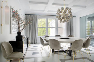 Trendy multicolored floor dining room photo in New York with white walls and no fireplace