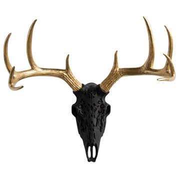 Faux Deer Skull Native American Carving Wall Decor, Black, Gold Antlers