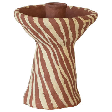 Round Decorative Hand-Painted Paper Mache Taper Holder, Brown and Beige
