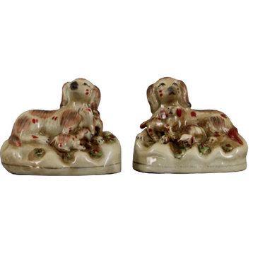 Pair of Resting Staffordshire Reproduction Dogs with Pups