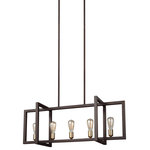 Visual Comfort Studio Collection - Feiss 5-Light Island Chandelier - The Feiss Finnegan five light billiard island chandelier in new world bronze supplies ample lighting for your daily needs, while adding a layer of today's style to your home's decor. Inspired by classic lanterns, the clean, geometric silhouette of the transitional Finnegan chandelier collection by Feiss features exquisite metal work and marries two new, contrasting finishes. The square tubing of the open frame in a New World Bronze finish is in dramatic contrast to the new Burnished Brass finish of the socket cups, which brighten and bring life to this mixed-material collection. This design will perfectly complement a wide range of decor from urban, eclectic loft spaces to clean, contemporary interpretations of Colonial or nautical decor to rich, European inspired space. This updated take on a classic lantern lighting collection includes a four-light, square chandelier, four-light tall foyer chandelier, seven-light linear chandelier, five-light linear chandelier, one-light mini-pendant light and a one-light wall sconce. The one-light wall sconce is Damp Rated.