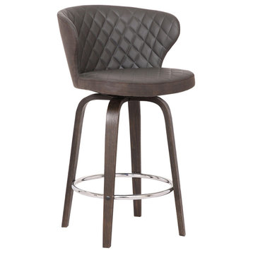 Curved Back Leatherette Barstool With Swivel Mechanism, Brown
