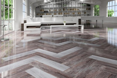 Example of a huge trendy formal and open concept porcelain tile and multicolored floor living room design in San Diego with white walls