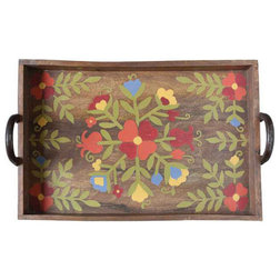 Contemporary Serving Trays Wood and Metal Tray With Hand-Painted Floral Design