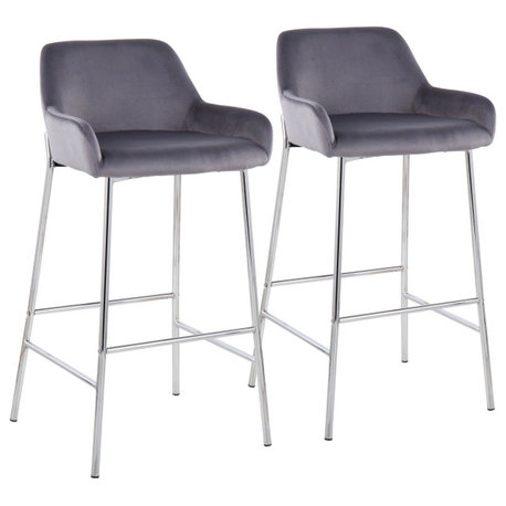 Daniella Fixed-Height Bar Stool, Set of 2, Chrome Metal, Silver Velvet