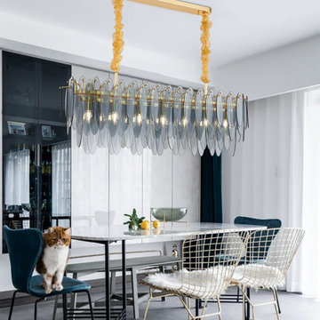 Smoke glass leaf linear chandelier over a dining table — Mirodemi