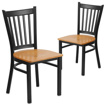 Set of 2 Dining Chair, Metal Frame & Vertical Slatted Back, Natural Wood Seat
