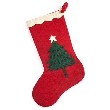 Hand Felted Wool Christmas Tree Stocking On Red