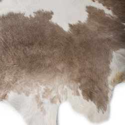 Luxury Natural Cowhide Area Rug, Handmade, Beige, White, Hair-on-Hide, 7'0"x6'7" - Area Rugs