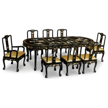 96" Black Lacquer Pearl Figure Motif Oval Dining Table With 8 Chairs
